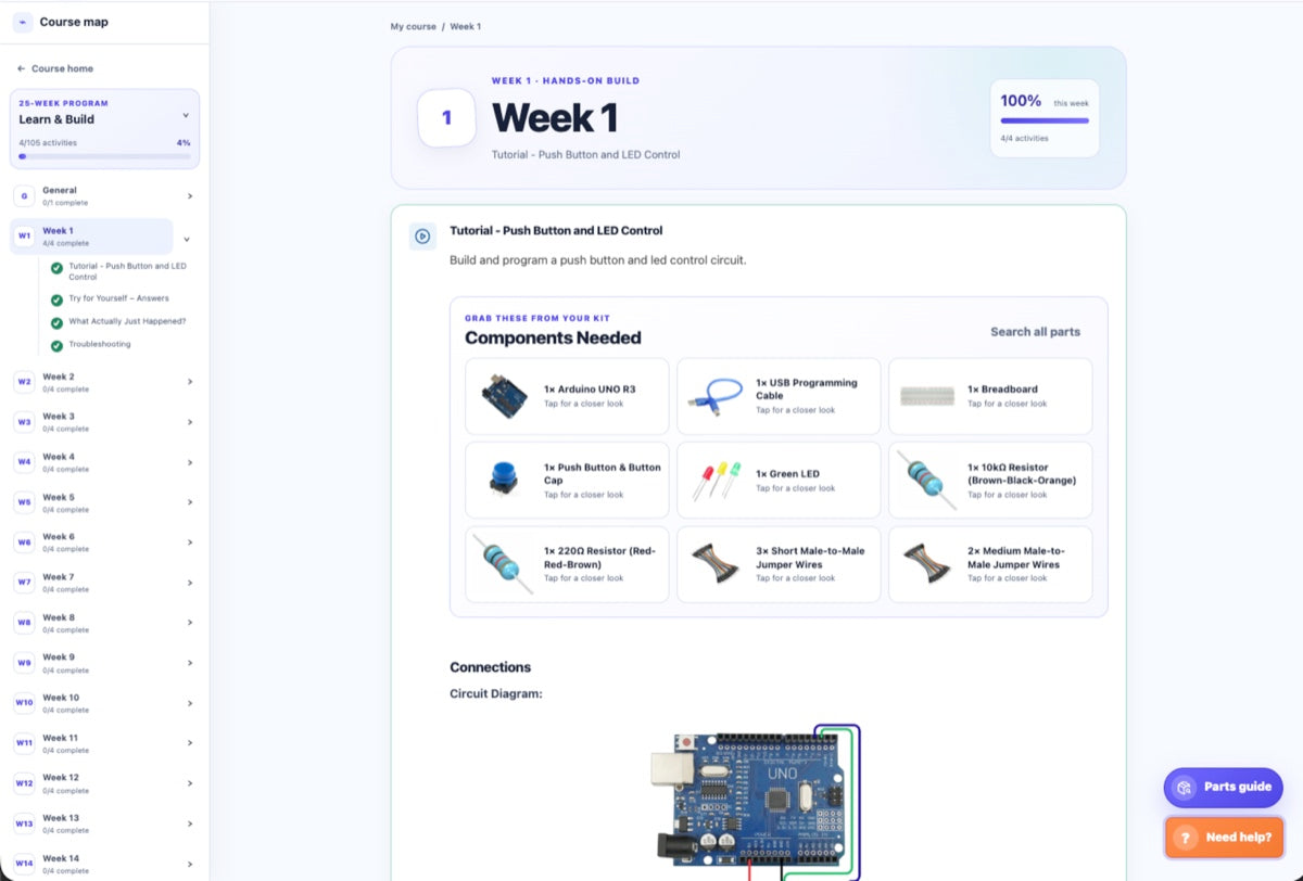 Inside the Week 1 lesson — the components pulled from the kit, the circuit diagram, and the step-by-step build tutorial