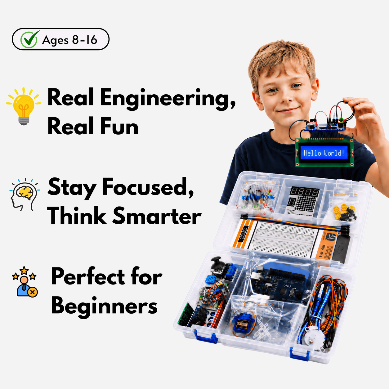 Build real gadgets — a genuine Arduino kit with all 38 components, 25 weekly projects, a real-engineer guide, and a 30-day money-back guarantee