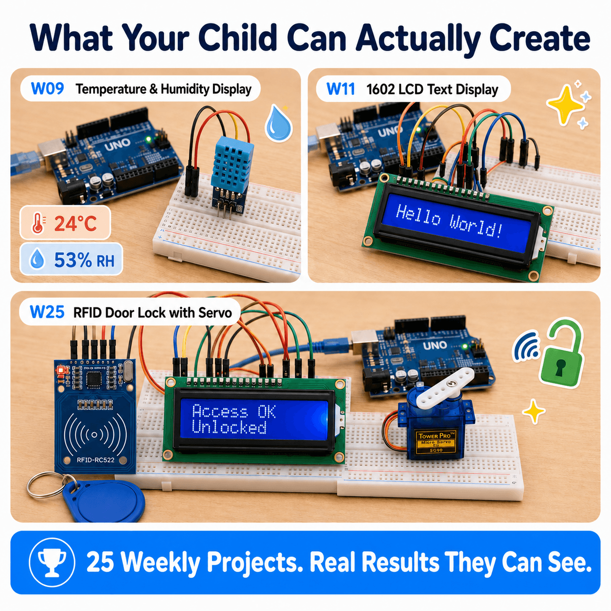 What your kid can build — a temperature and humidity display, an LCD text display, and an RFID door lock with servo