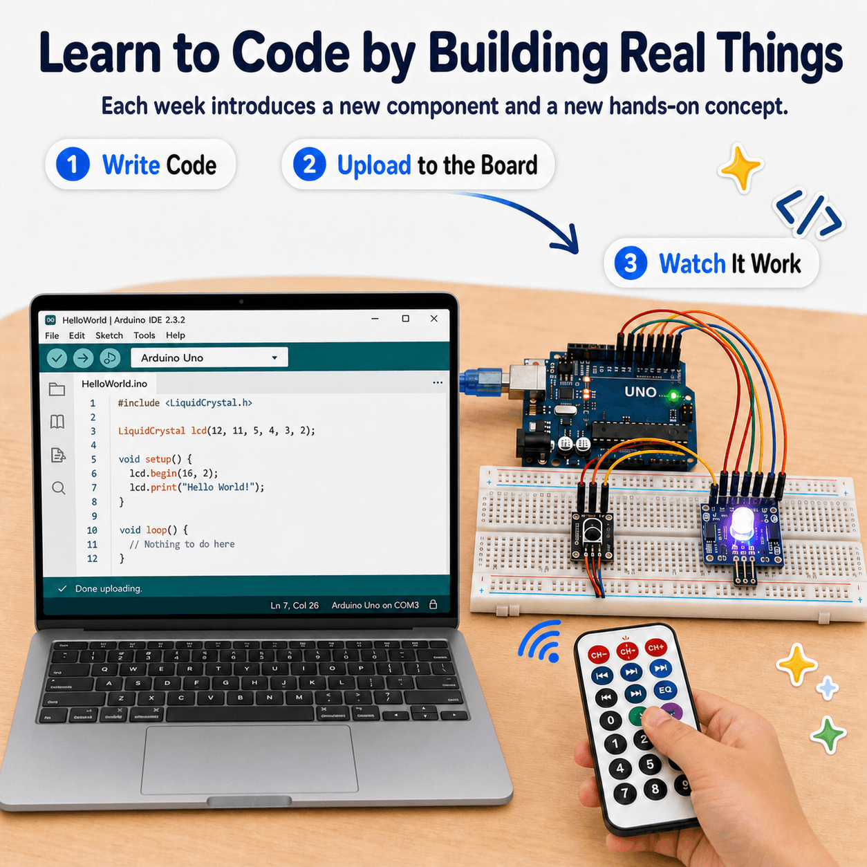 How coding works — write code on the laptop, upload it to the board, and watch the circuit come to life