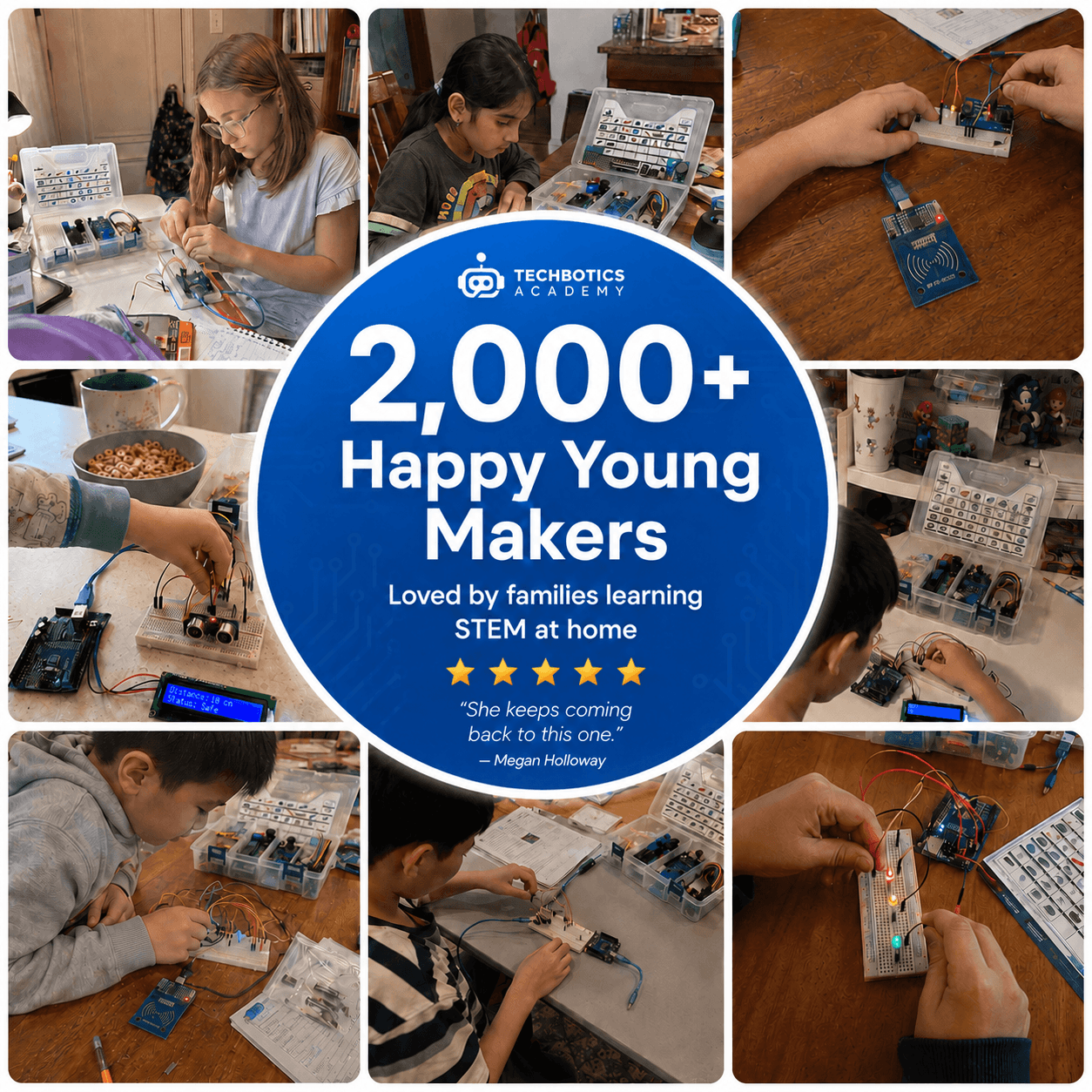Loved by 2,000+ families — kids across the country building real electronics projects at home, rated five stars
