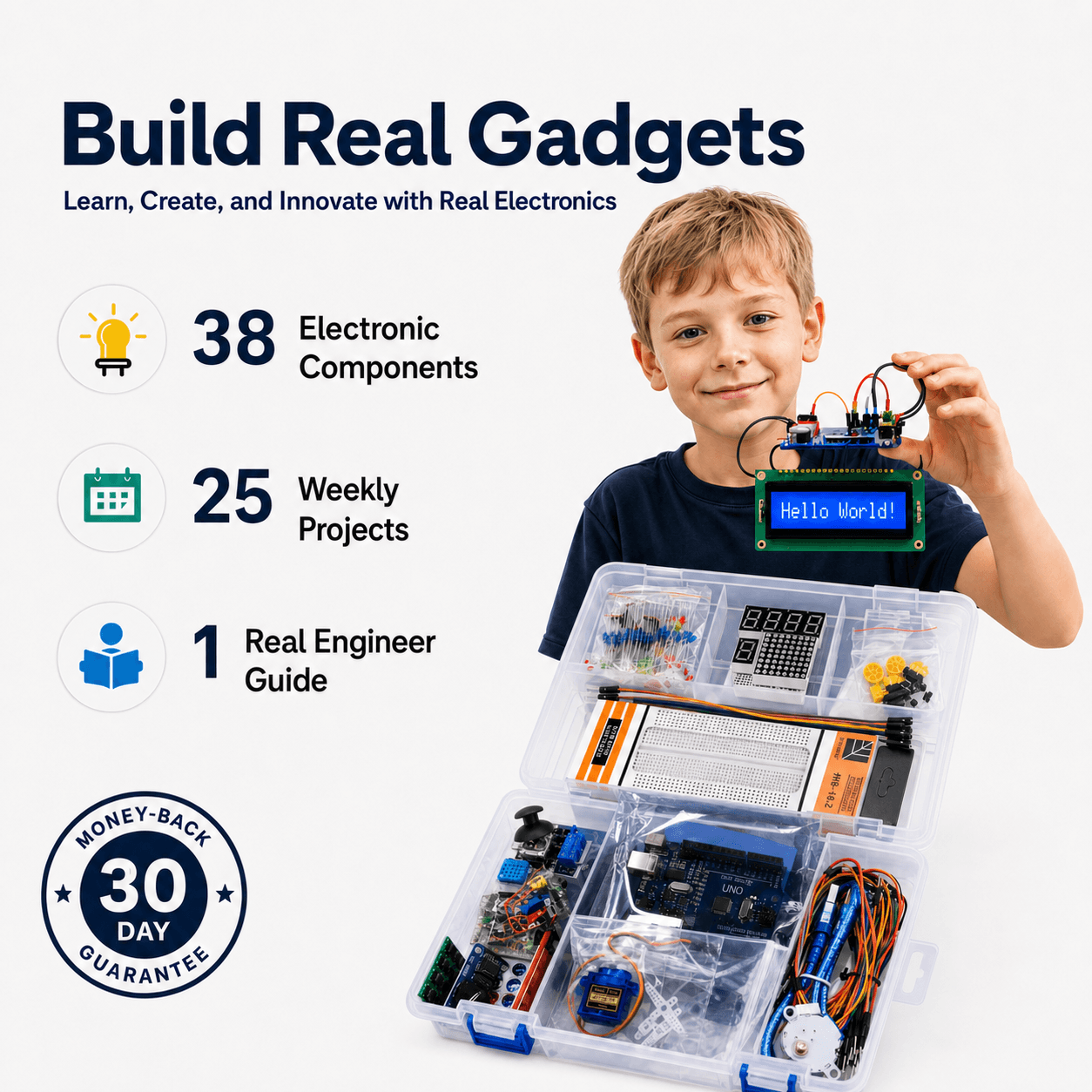 Build real gadgets — a genuine Arduino kit with all 38 components, 25 weekly projects, a real-engineer guide, and a 30-day money-back guarantee