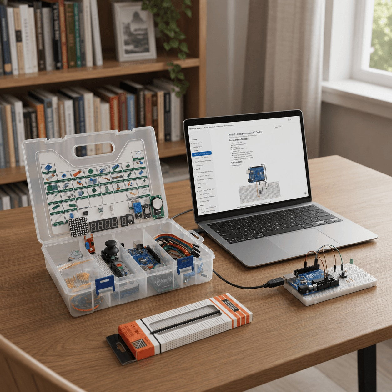 An Arduino kit, the weekly course open on a laptop, and a first breadboard build on a home study desk